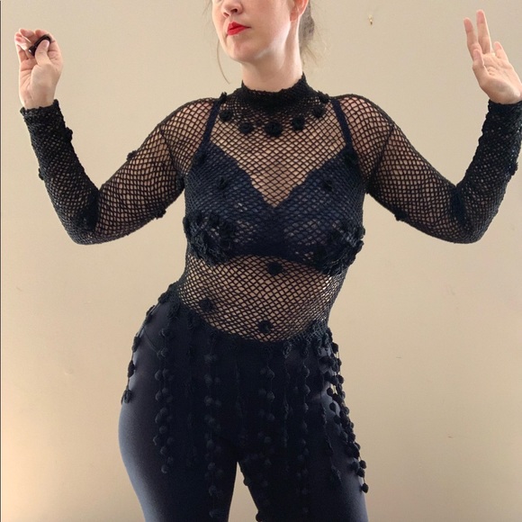 Vintage Tops - Vintage 60s Black Crochet Top with Fringe